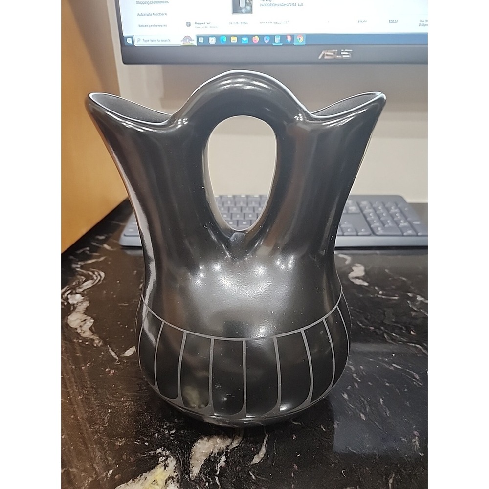 Vintage Signed Adakai Navajo Blackware Wedding Vase - EXCELLENT